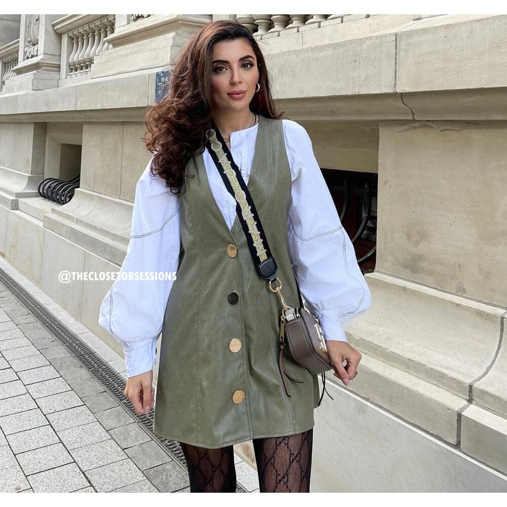 Zara NWT Green Faux Leather Button Front Pinafore Dress S M - Picture 13 of 16